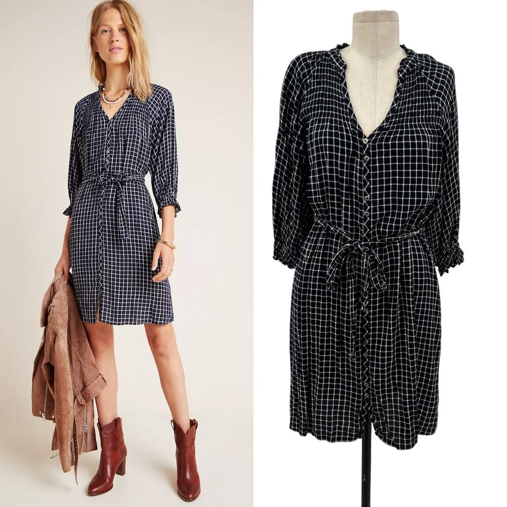 Anthropologie Maeve Sara Smocked Shirtdress Check Plaid Navy Blue Size Small